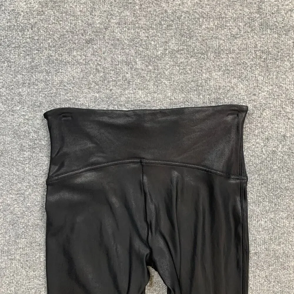 Spanx Leggings Womens L Large Black Coated Faux Leather High Waist Ankle Pull On